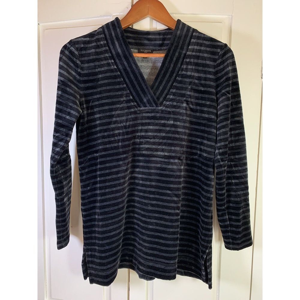 Talbots Top Women's Petites Small SP Soft Cozy  Black Stripe V Neck Velour Hygge - Picture 2 of 14
